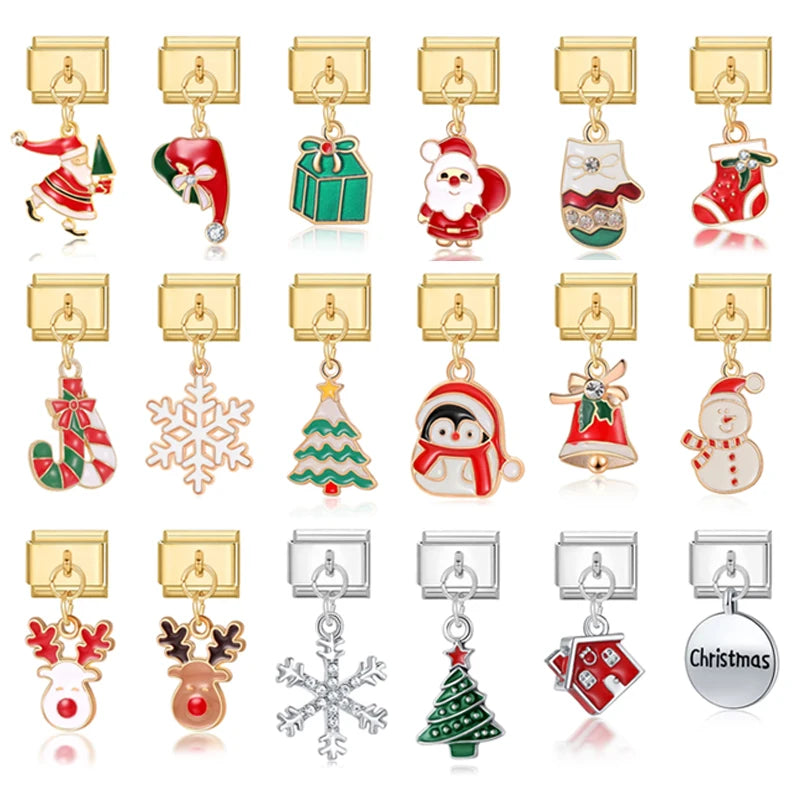 2025 New Original Christmas Tree Santa Claus Italian Charm Links Fit 9mm Bracelet Stainless Steel Jewelry Making Christmas Gift