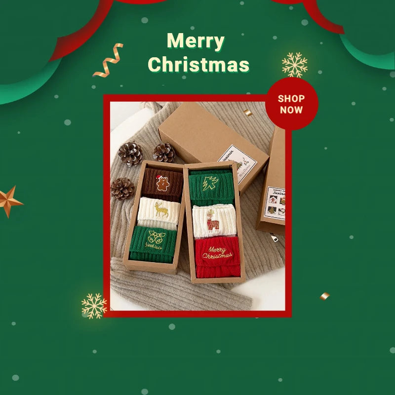 3 Pairs Cotton Cartoon Christmas Socks for Women Autumn Winter Warm Comfortable Cute Mid-tube Embroidery Merry Christmas Gifts