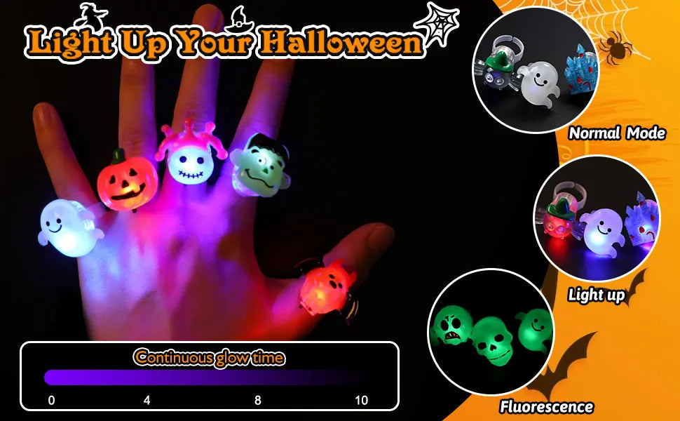30-150PCS 3D Light Up Rings Bulk Halloween Treats Toys Party Favors for Kids Non Candy Treats Glow In The Dark Party Gifts for K