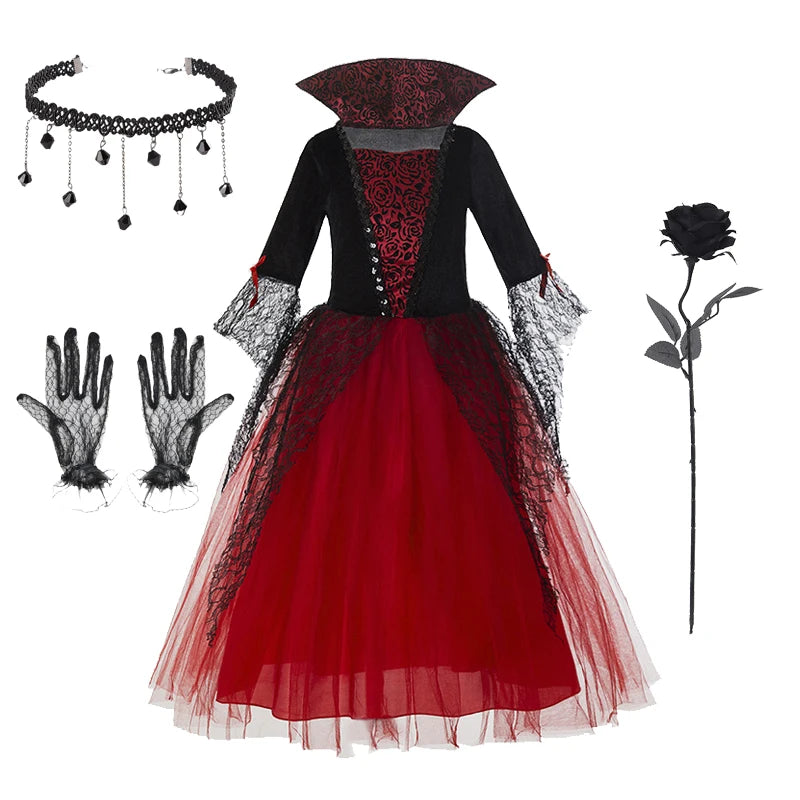 Girl Vampire Halloween Dress for Kid Ghost Bride Gothic Cosplay Vampire Costume Dress for Kids Carnival Outfit Black Red Clothes
