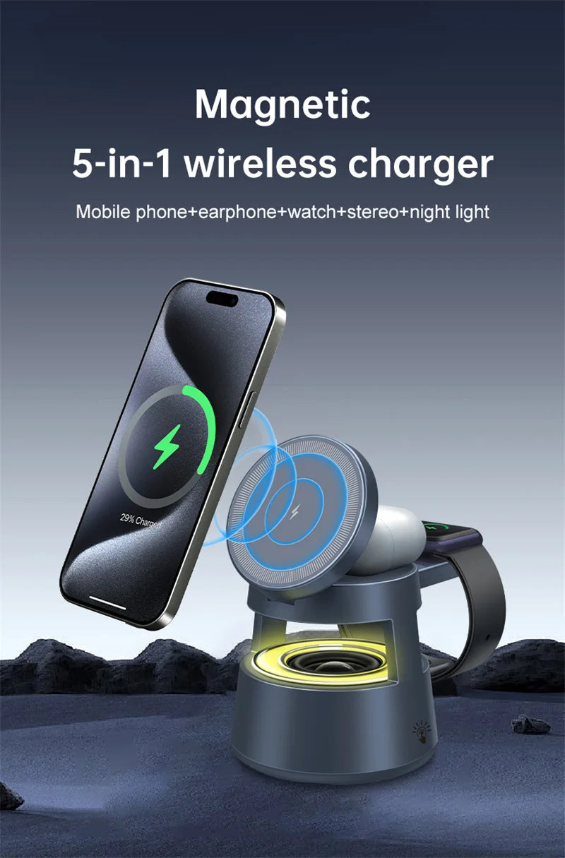 3 in 1 Magnetic Wireless Charger Bluetooth Speaker LED Light Desktop Fast Charging Phone Stand For iPhone 16 15 iWatch Airpods