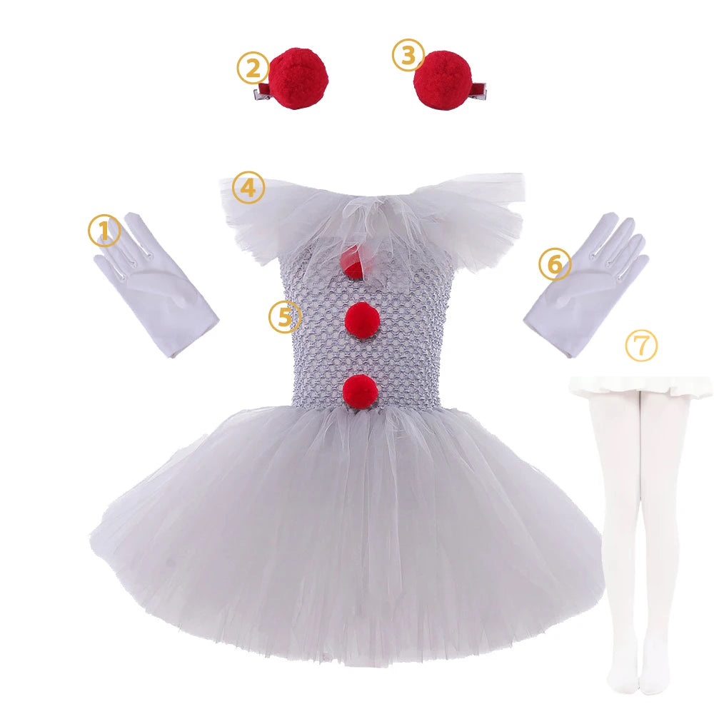 Halloween Clown Dress Kids Horror Movie Cosplay Costume Set for Girls Carnival Party Party Dress Up Clowns Clothing 3-10Yre