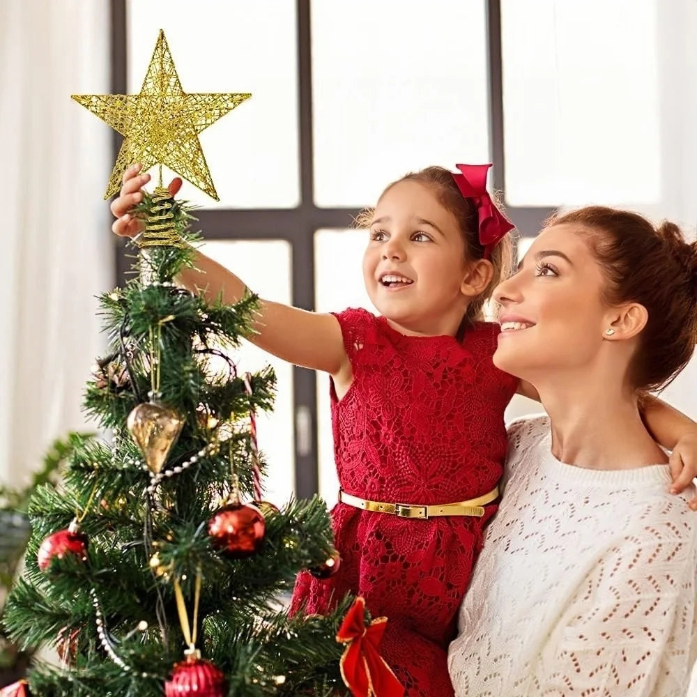 Iron Glitter Christmas Tree Topper Star With Led Copper Wire Lights Merry Christmas Tree Decor For Home Navidad Ornaments