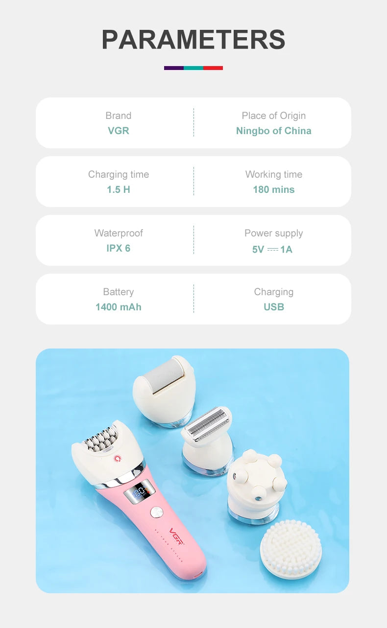 VGR Hair Trimmer Electric Epilator Hair Removal Personal Care Appliances Body Trimmer 5 IN 1 Waterproof Hair Remover Women V-759