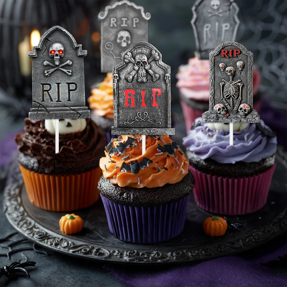 12/24pcs Halloween Scary Tombstone Cupcake Toppers Skeleton RIP Graveyard Cake Topper Decorations Halloween Birthday Party Decor