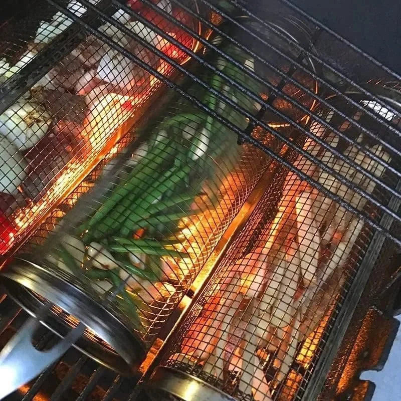 BBQ Grill Basket Rolling Grilling Basket Barbecue for Outdoor Camping