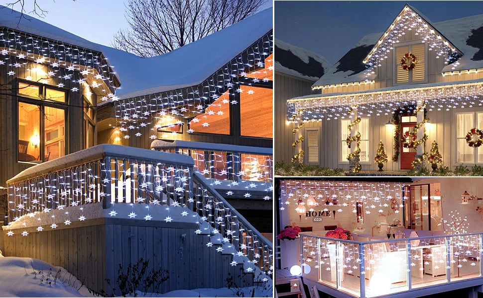 snowflake Christmas Decoration 2025 Street Garlands on The House LED Icicle Lights Outdoor Waterproof Curtain Fairy String Light