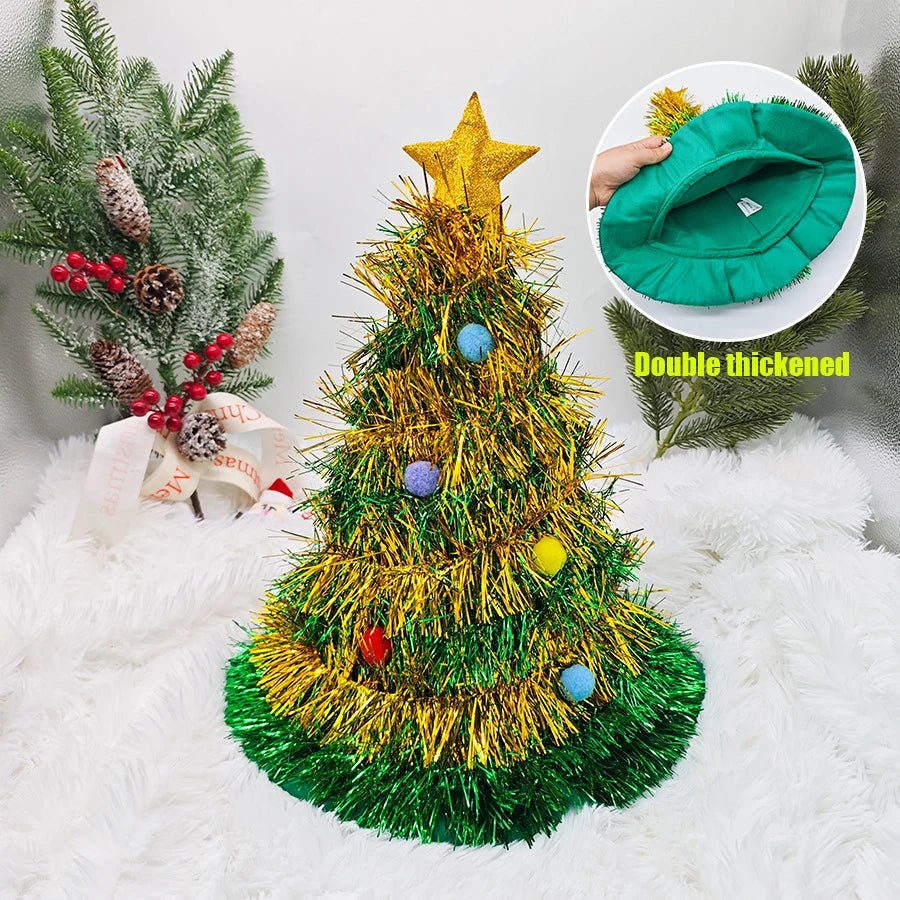 Christmas Tree Hats Fabric Rain Silk Hat for Adults Kids Funny Santa Hat with Tinsel Xmas Holiday Party Costume New Year Decor