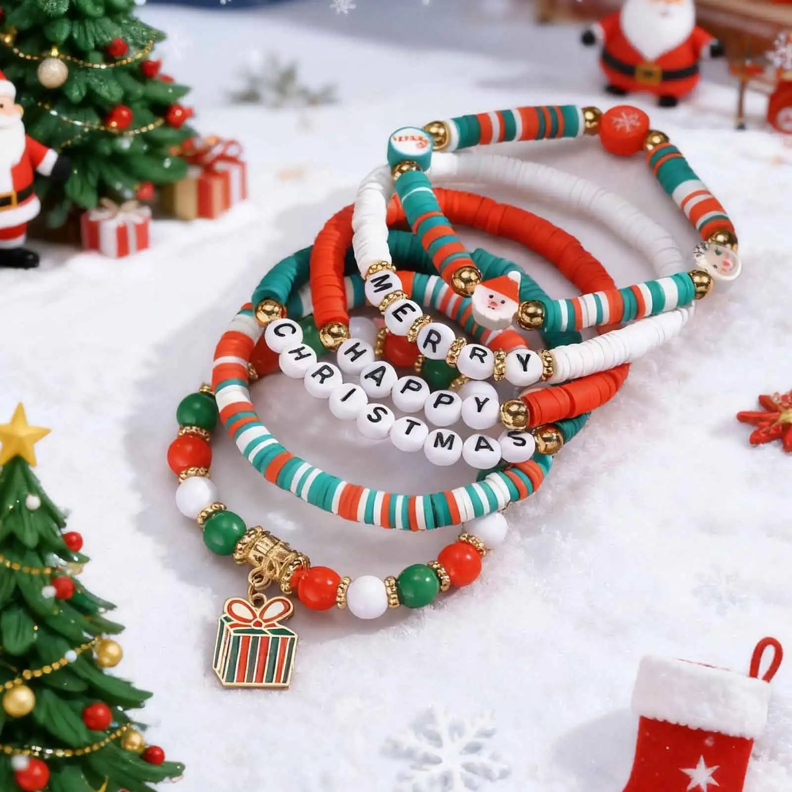 Set Christmas Elastic Beaded Bracelet for Women,Santa Claus Wreath Reindeer Xmas Tree Soft Clay Bracelets,Set Jewelry Gift