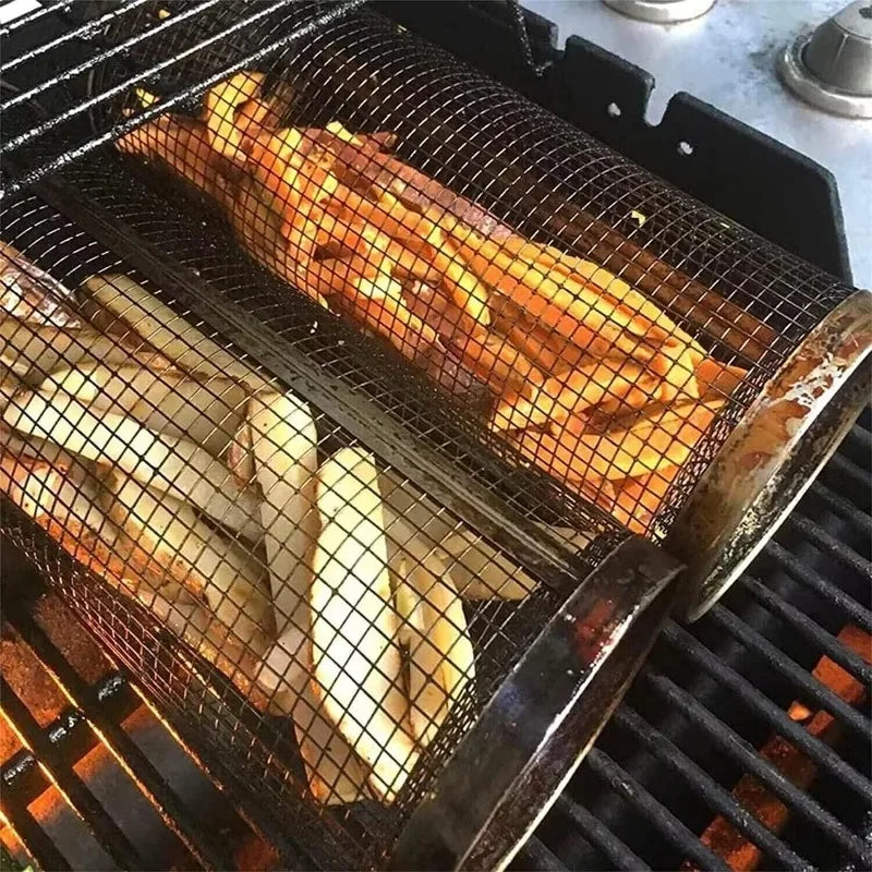BBQ Grill Basket Rolling Grilling Basket Barbecue for Outdoor Camping