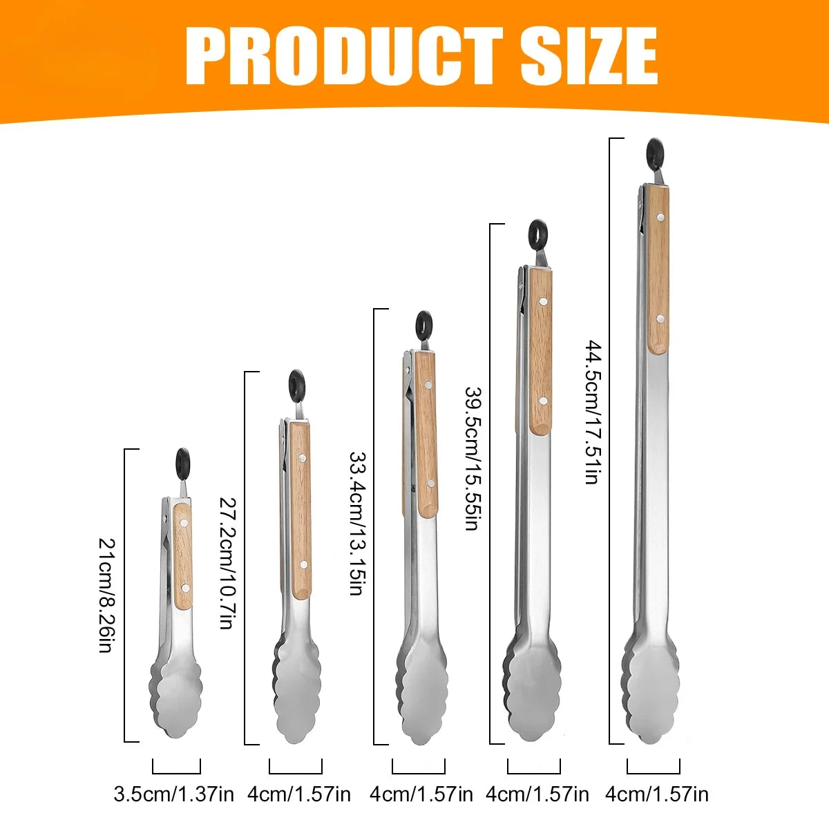 Heavy Duty Kitchen Tongs with Wooden Handle for Cooking, Grilling and BBQ, 7-16 Inch Length