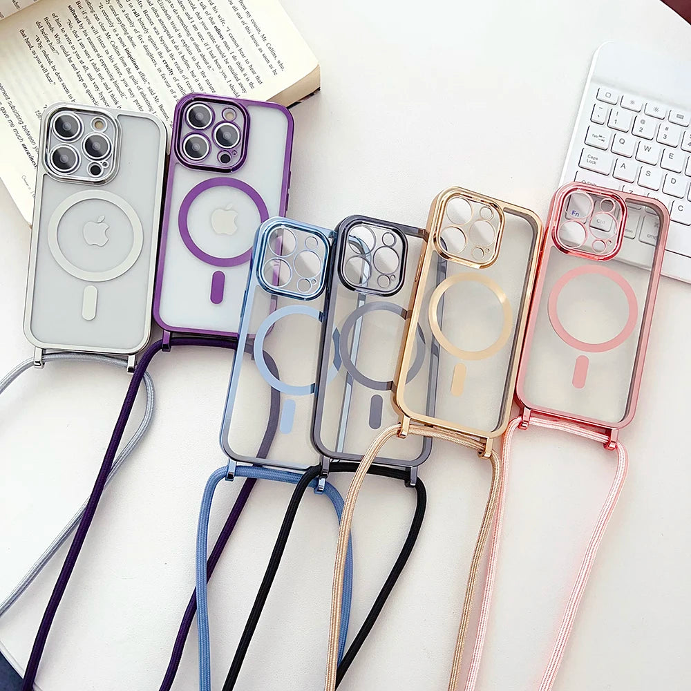 Luxury Phone Charm Strap For Magsafe Magnetic Case For iPhone 15 14 13 12 11 Pro Max 15 Plus Wireless Charging Cover Hange Rope
