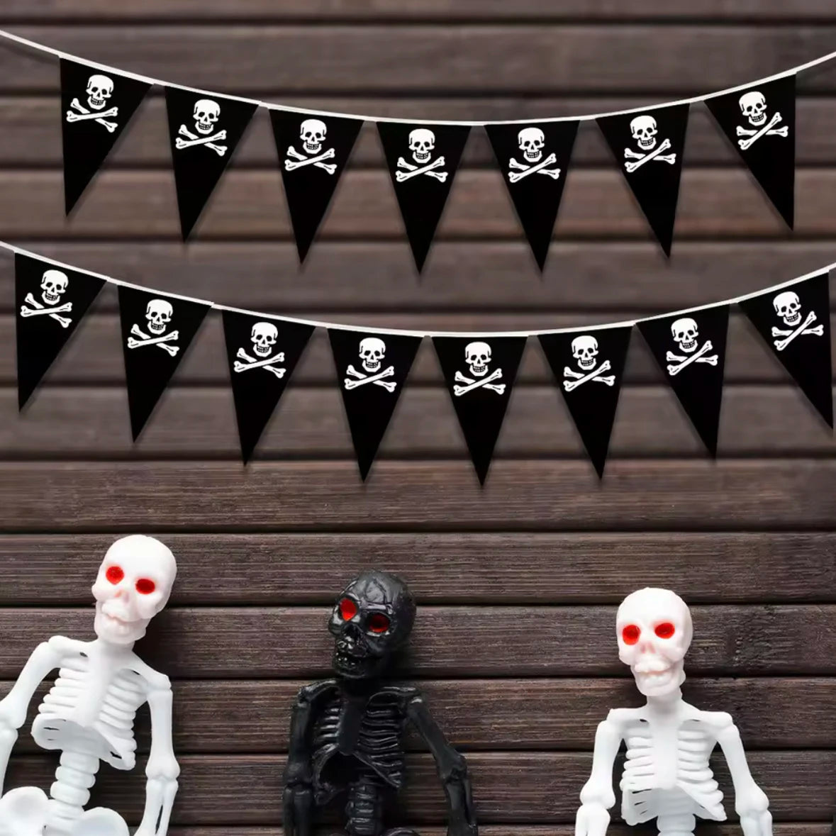 1set 10m Halloween Pirate Banners Pirate Skull Printed Black Pennant Triangle Flags Pirate Theme Party Decoration Birthday Party