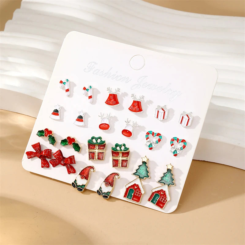 24pcs Christmas Combination Earrings Set for Women Small Shiny Zircon Xmas Tree Santa Claus Snowflake Earring Party Jewelry Gift