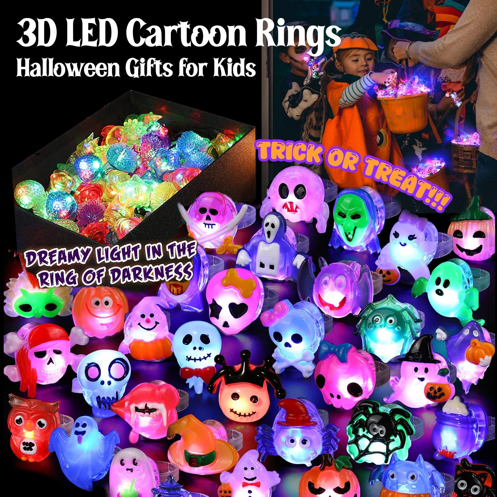 30-150PCS 3D Light Up Rings Bulk Halloween Treats Toys Party Favors for Kids Non Candy Treats Glow In The Dark Party Gifts for K