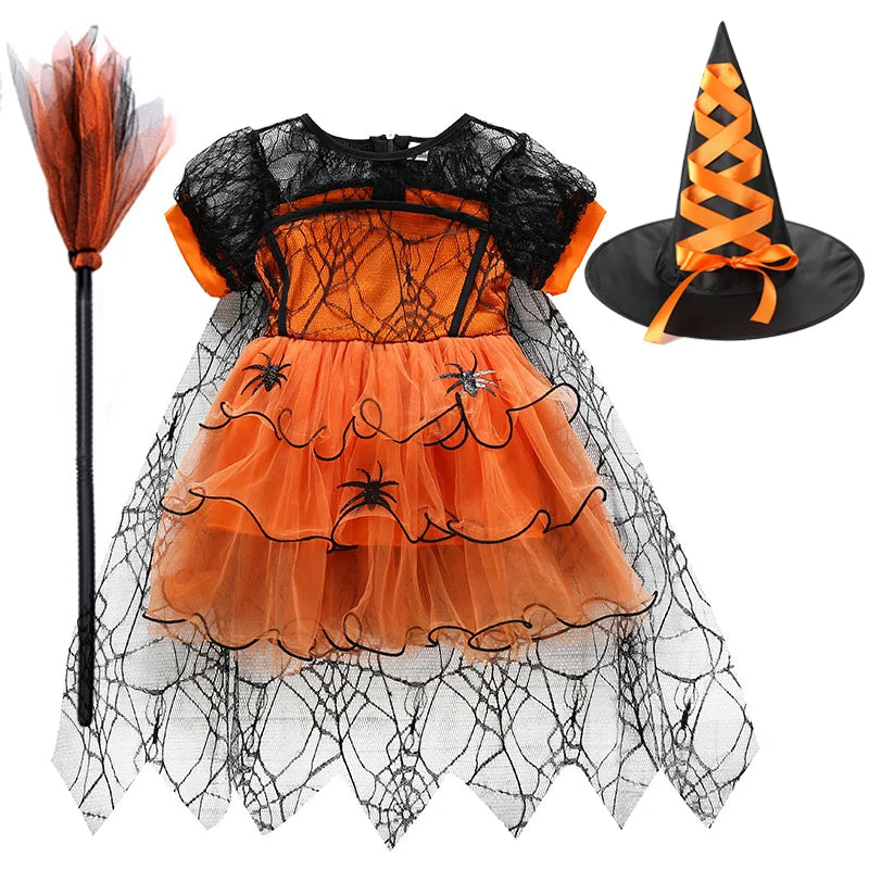 Baby Halloween Costume Girls Princess Spider Mesh Dress Children Vampire Performance Elegant Clothes Witch Dresses 1-6 Y