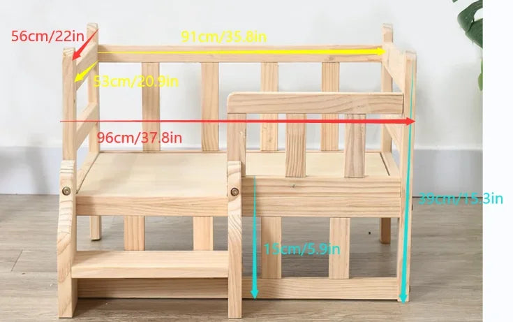 Solid Wood Elevated Pet Bed for Cats & Small Dogs, Natural Pine Wood, Non-Toxic, Easy Assembly, with Safety Fence/Anti-Slip Pads