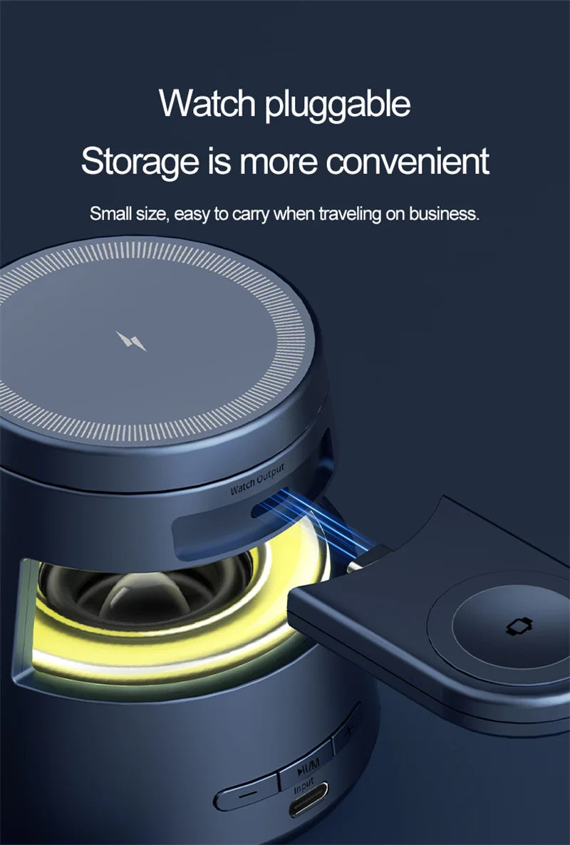 3 in 1 Magnetic Wireless Charger Bluetooth Speaker LED Light Desktop Fast Charging Phone Stand For iPhone 16 15 iWatch Airpods