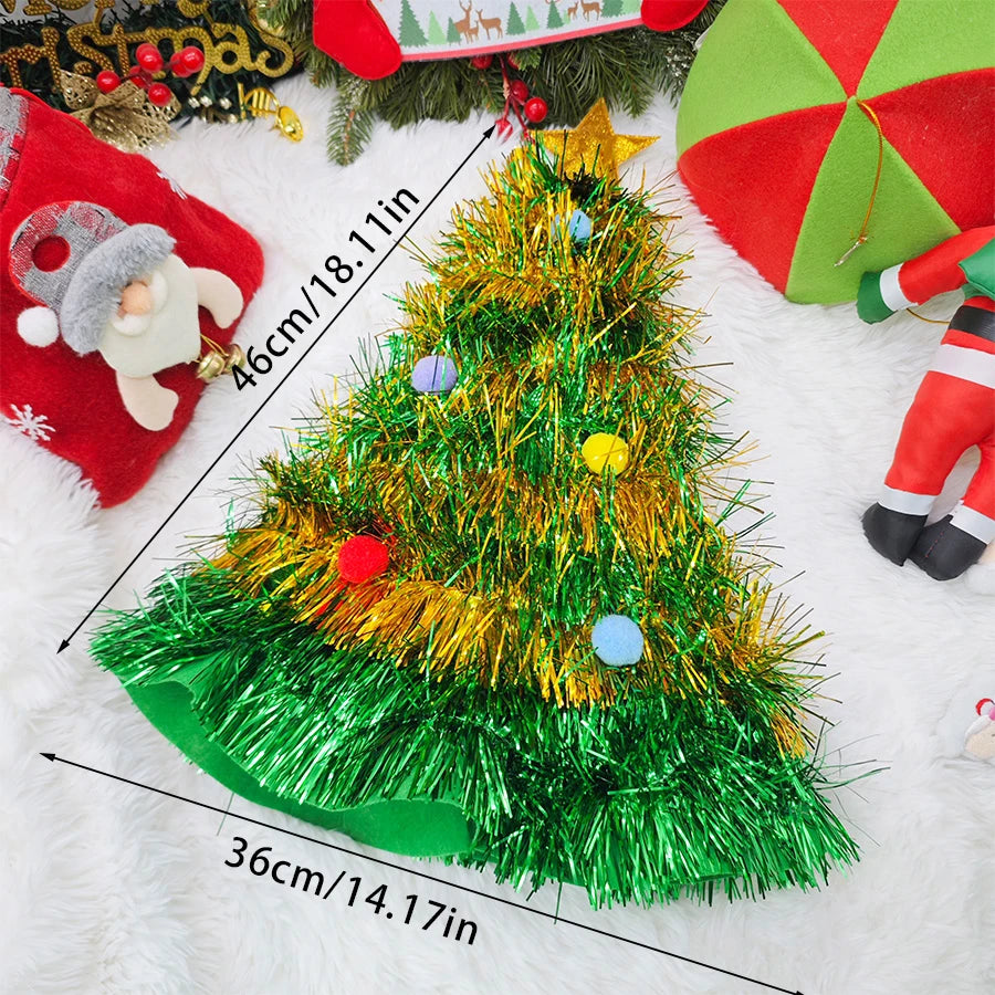 Christmas Tree Hats Fabric Rain Silk Hat for Adults Kids Funny Santa Hat with Tinsel Xmas Holiday Party Costume New Year Decor