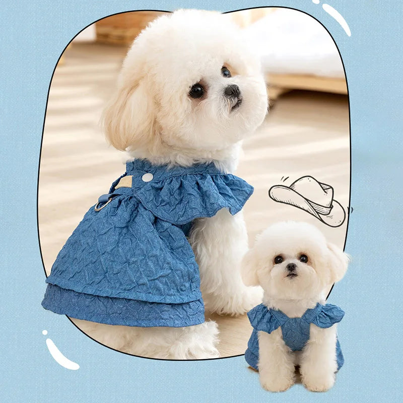 Dog Girl Dresses for Dogs Puppy Spring Clothes with Leash Ring Flying Sleeves Summer Cat Outfits Blue One Piece Chihuahua Appare