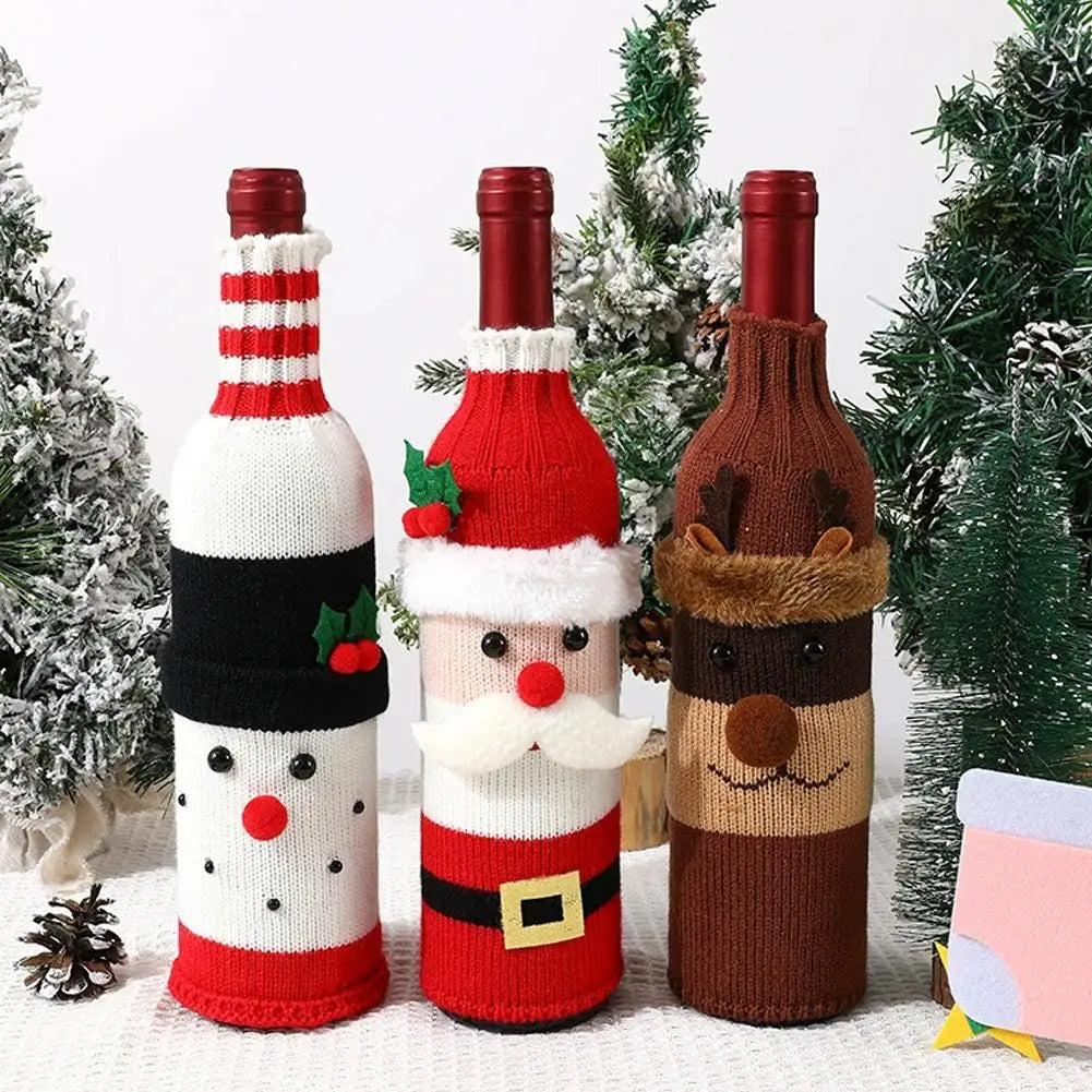 Christmas Sweater Wine Bottle Cover Set Santa Snowman Knitted Wine Bottle Bag Christmas Party Dinner Table Decoration
