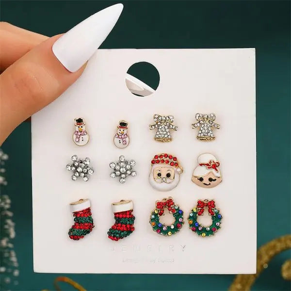 24pcs Christmas Combination Earrings Set for Women Small Shiny Zircon Xmas Tree Santa Claus Snowflake Earring Party Jewelry Gift