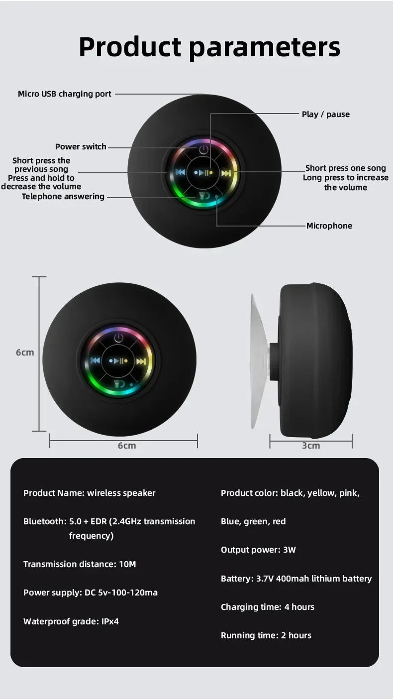 2025 Bathroom Waterproof Wireless LED Bluetooth Speaker Large Suction Cup Mini Portable Speaker Outdoor Sports Stereo Speaker