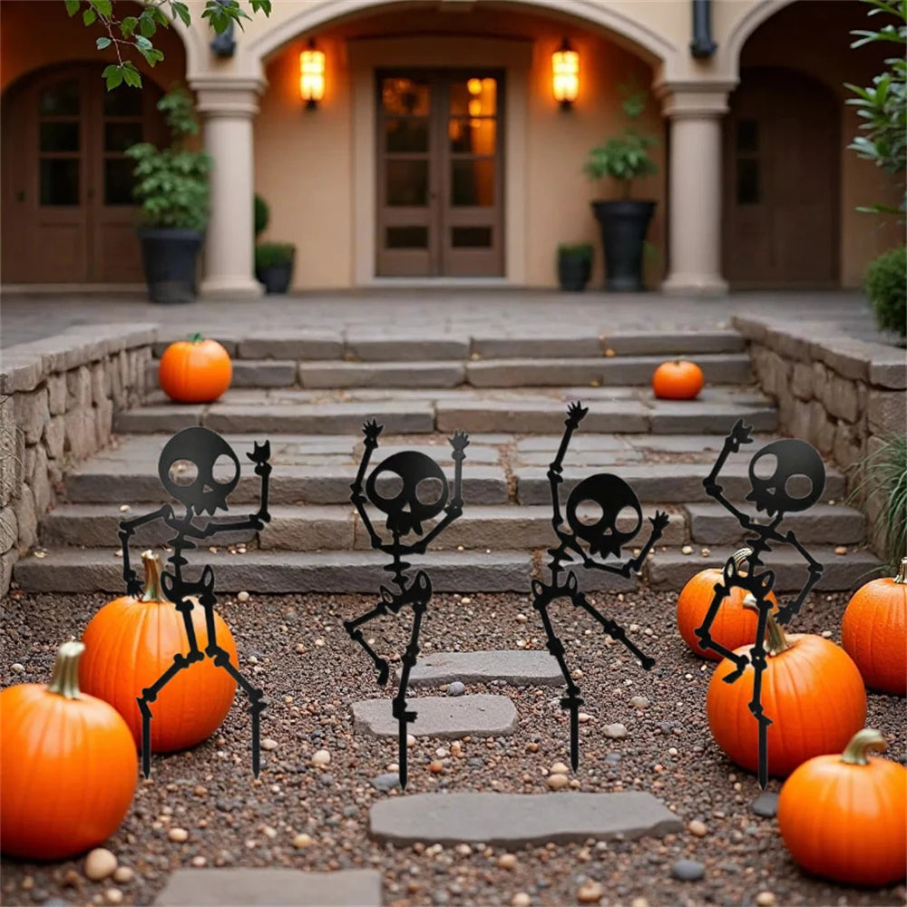 4PCS Spooky Dancing Skeleton Garden Stakes, Weatherproof Metal Yard Art for Halloween Decor, Easy Install Outdoor Lawn Ornaments
