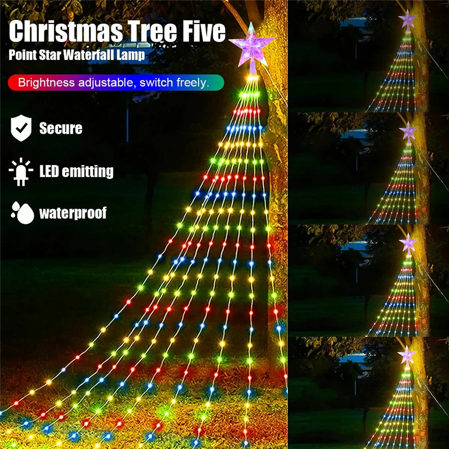 2025 New Year Decoration Christmas Fairy String Lights Outdoor USB Remote Stars Waterfall Garden Lights for Home Party Wedding