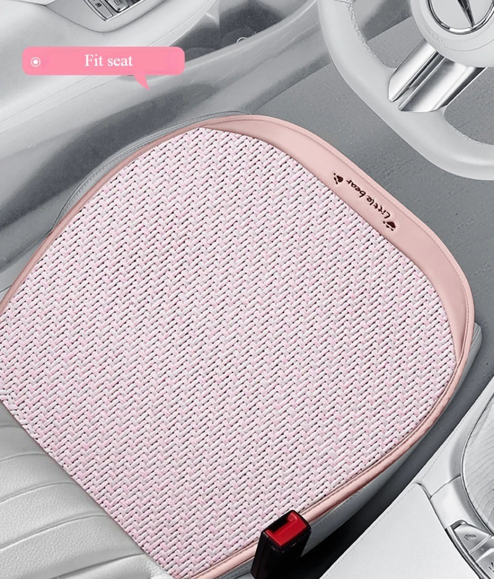 3pcs, Breathable Car Seat cushion - PU Leather + Cool Ice Rattan Weave, Playful Embroidery