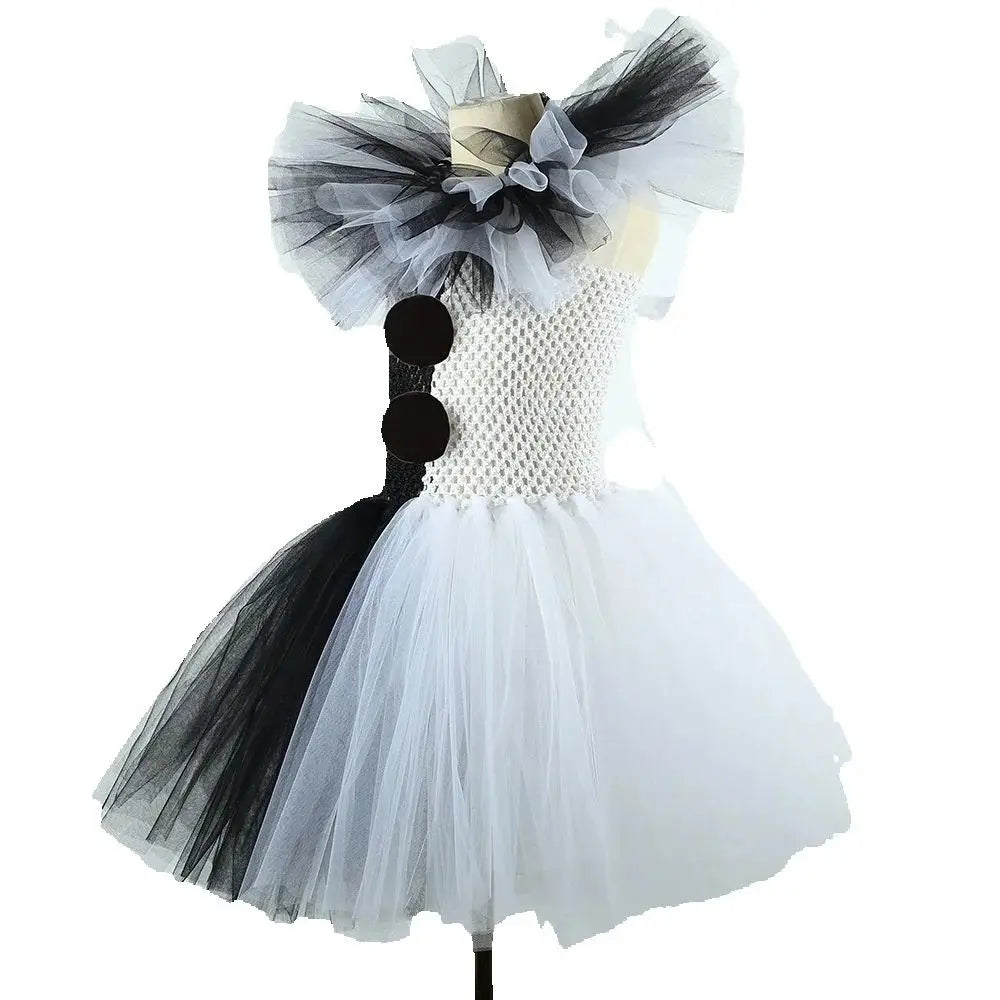 2025 Halloween Festive Party Girls Cosplay Black and White Witch Sleeveless Clown Lace Vampire Clothing Plus Accessories Set