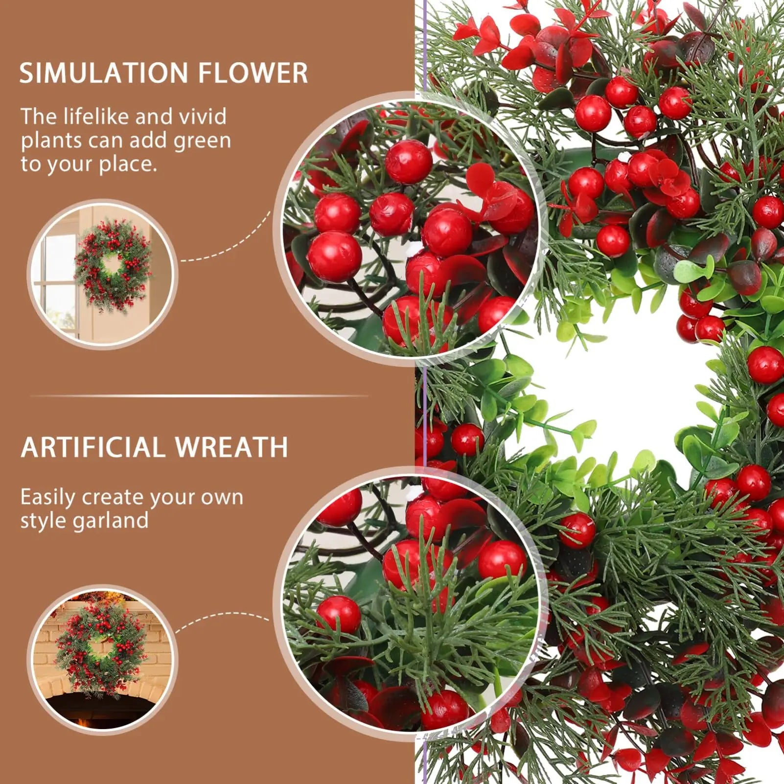 Artificial Red Berry Wreath 35cm Christmas Decor Hanging Garland for Winter Festival Xmas Outdoor Wall Decoration Fake Wreath