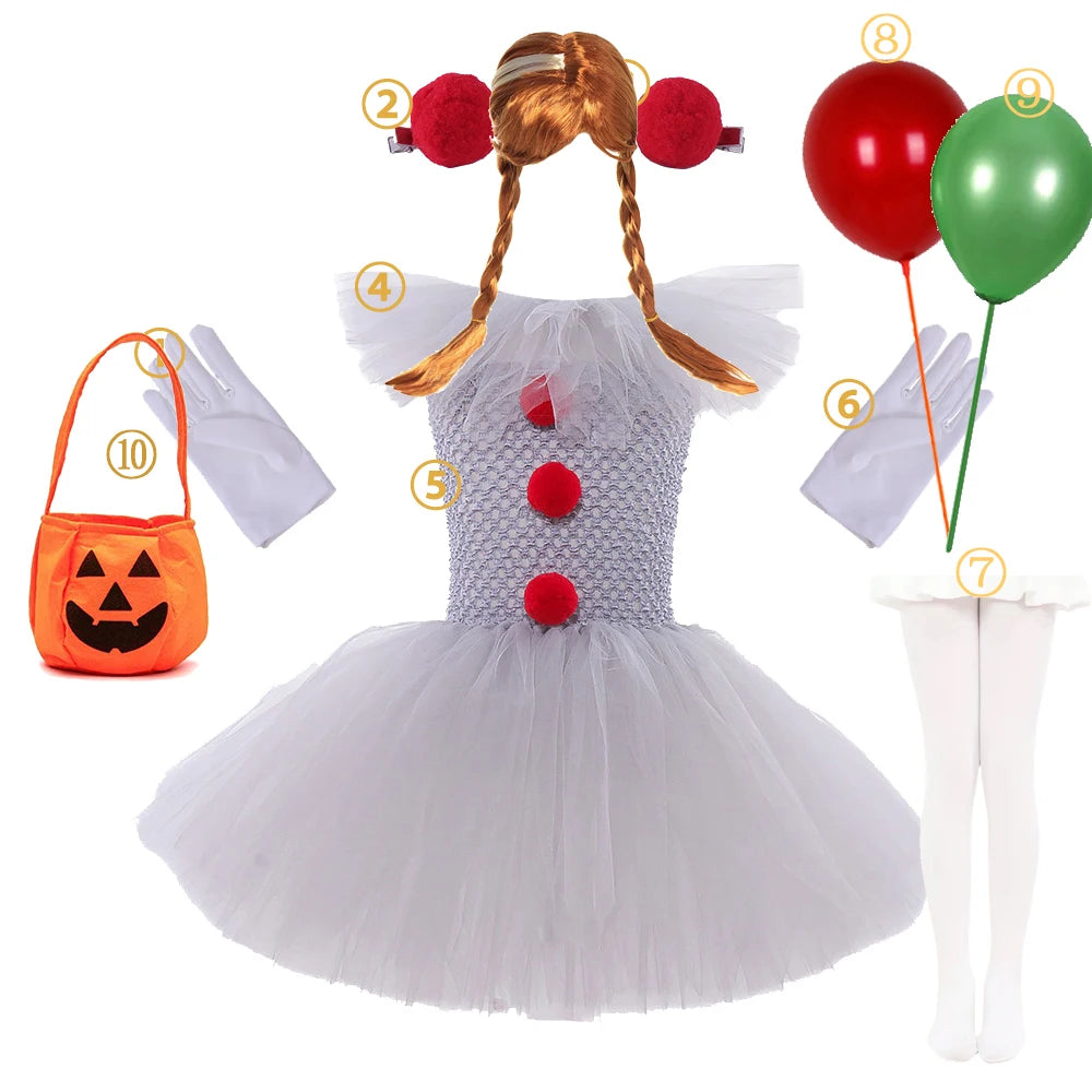Halloween Clown Dress Kids Horror Movie Cosplay Costume Set for Girls Carnival Party Party Dress Up Clowns Clothing 3-10Yre