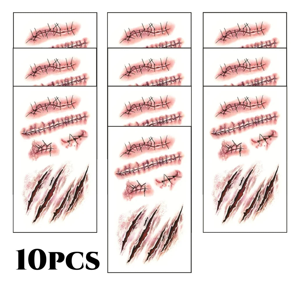 10pcs 3D Fake Scar Tattoos Sticker Body Face Realistic Scab Temporary Tattoos Halloween Horror Wound Bloody DIY Makeup Stickers