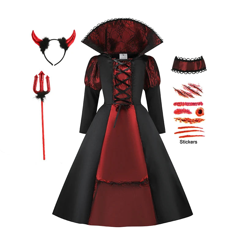 Halloween Fantasy Children's Costumes Ghost Bride Gothic Cosplay Girls Red Vampire Day of The Dead Kids Costumes for Boy Girl