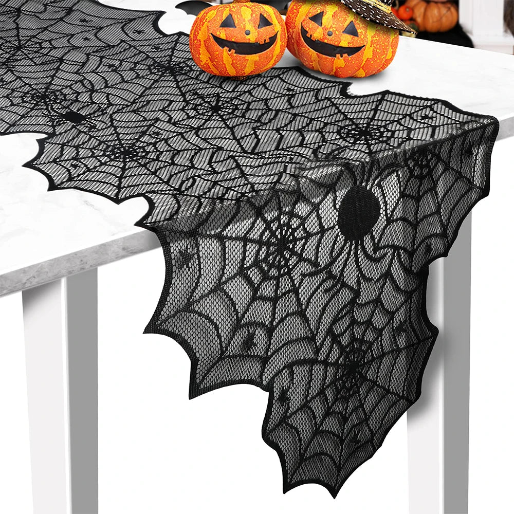 Halloween Home Party Decorations Black Lace Table Runner Spider Web Fireplace Mantel Cover Halloween Decorations Cloth Supplies