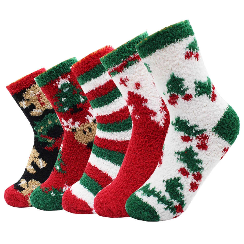5 Pairs New Autumn and Winter Christmas Thickened Cute Warm Coral Fleece Socks Velvet Santa Fawn Snowflake Women Socks