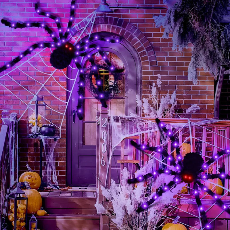 Glow in The Dark Spider Web Halloween Outdoor Decorations Fake Realistic Spider Lights Yard/garden Decor Day of The Dead Props