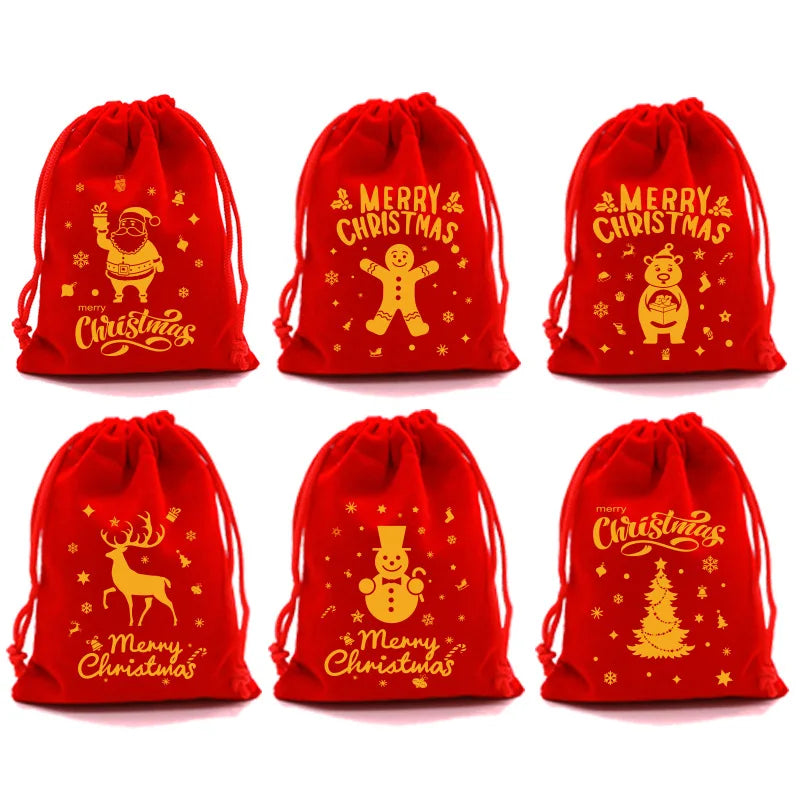 20pcs Xmas Velvet Bags Small Candy Gift Bag Drawstring Pouch Christmas Party Favor Boutique Jewelry Packaging Bags 2024 New Year