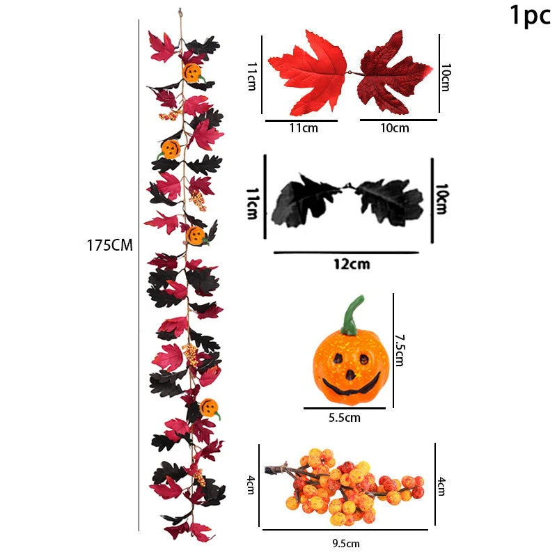 1 Halloween Wreath - 5.74ft Gothic Maple Leaves And Pumpkin Vines With Spooky Decorations To Create A Spooky Holiday And Firepla