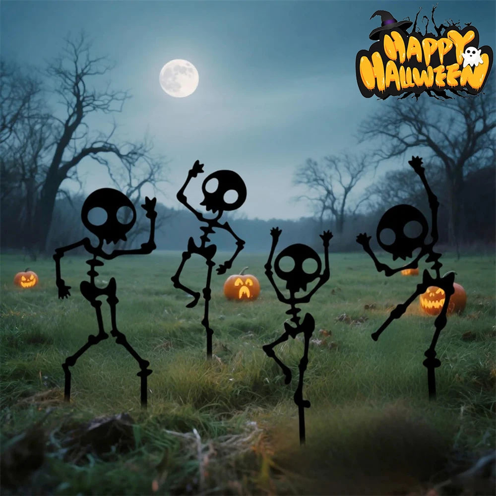 4PCS Spooky Dancing Skeleton Garden Stakes, Weatherproof Metal Yard Art for Halloween Decor, Easy Install Outdoor Lawn Ornaments