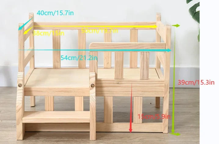 Solid Wood Elevated Pet Bed for Cats & Small Dogs, Natural Pine Wood, Non-Toxic, Easy Assembly, with Safety Fence/Anti-Slip Pads
