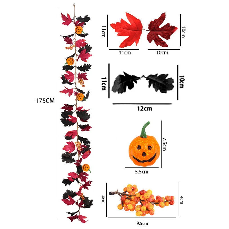 1 Halloween Wreath - 5.74ft Gothic Maple Leaves And Pumpkin Vines With Spooky Decorations To Create A Spooky Holiday And Firepla