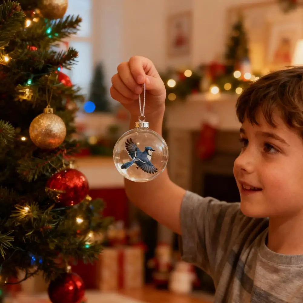 8CM Christmas Transparent Acrylic Ball Cardinal/Hummingbird Pattern Creative Christmas Tree Decoration Hanging Pendant For Home