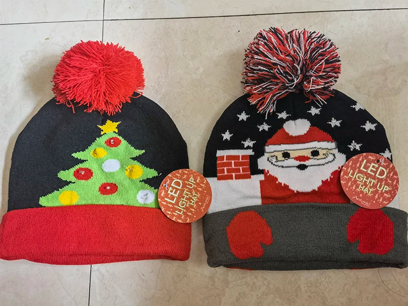 NEW 50 Designs LED Christmas Hats Beanie New Year Knitted Illuminate Warm Hat Christmas Tree Snowman Kids Adults Hat