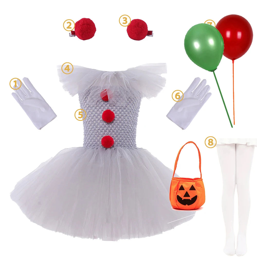 Halloween Clown Dress Kids Horror Movie Cosplay Costume Set for Girls Carnival Party Party Dress Up Clowns Clothing 3-10Yre