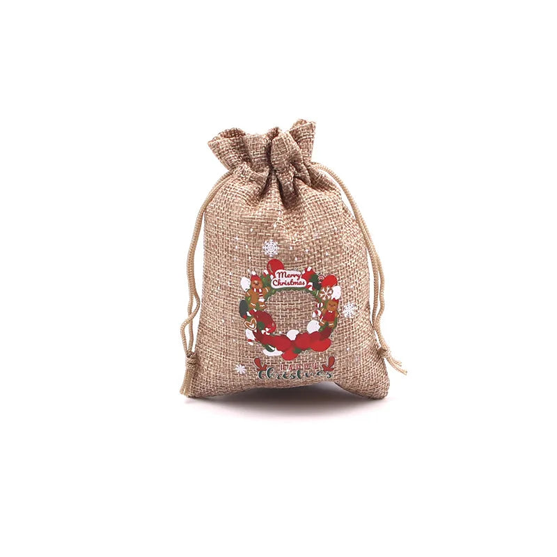 10Pcs/Lot Xmas Natural Jute Bags 10x14 13x18cm Christmas Candy Gift Bag Drawstring Pouches Nice Bracelet Jewelry Packaging Bags