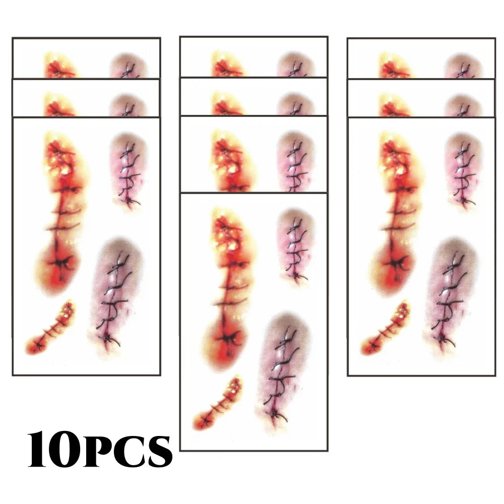 10pcs 3D Fake Scar Tattoos Sticker Body Face Realistic Scab Temporary Tattoos Halloween Horror Wound Bloody DIY Makeup Stickers