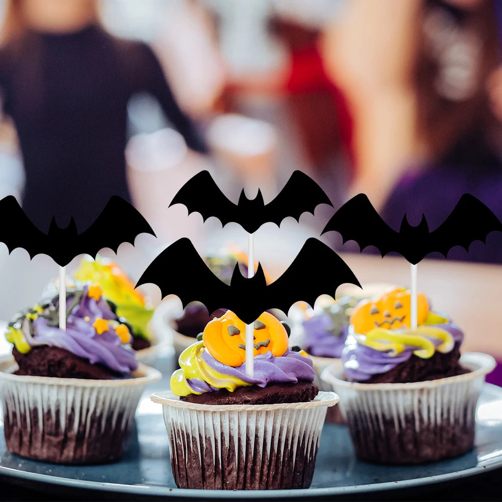 12/24pcs Halloween Black White Cupcake Topper Skull Ghost Bat Spider shape Cake Topper Decoration Halloween Birthday Party Decor