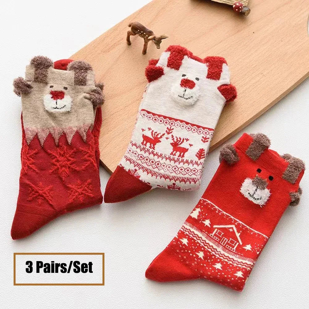 3 Pairs/Set Women Christmas Socks Cute Santa Claus Autumn Winter Elk Female Mid-Calf Socks Festival Kawaii Merry Christmas Sock
